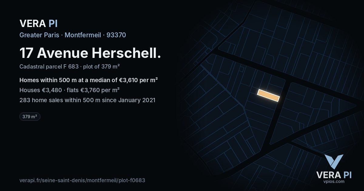17 Avenue Herschell, Montfermeil at night – the plot lit, the parcels around coloured by the prices near them