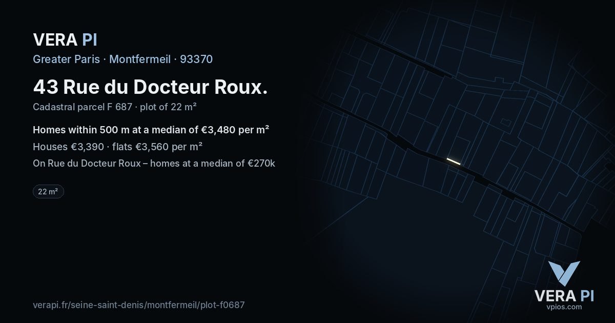 43 Rue du Docteur Roux, Montfermeil at night – the plot lit, the parcels around coloured by the prices near them