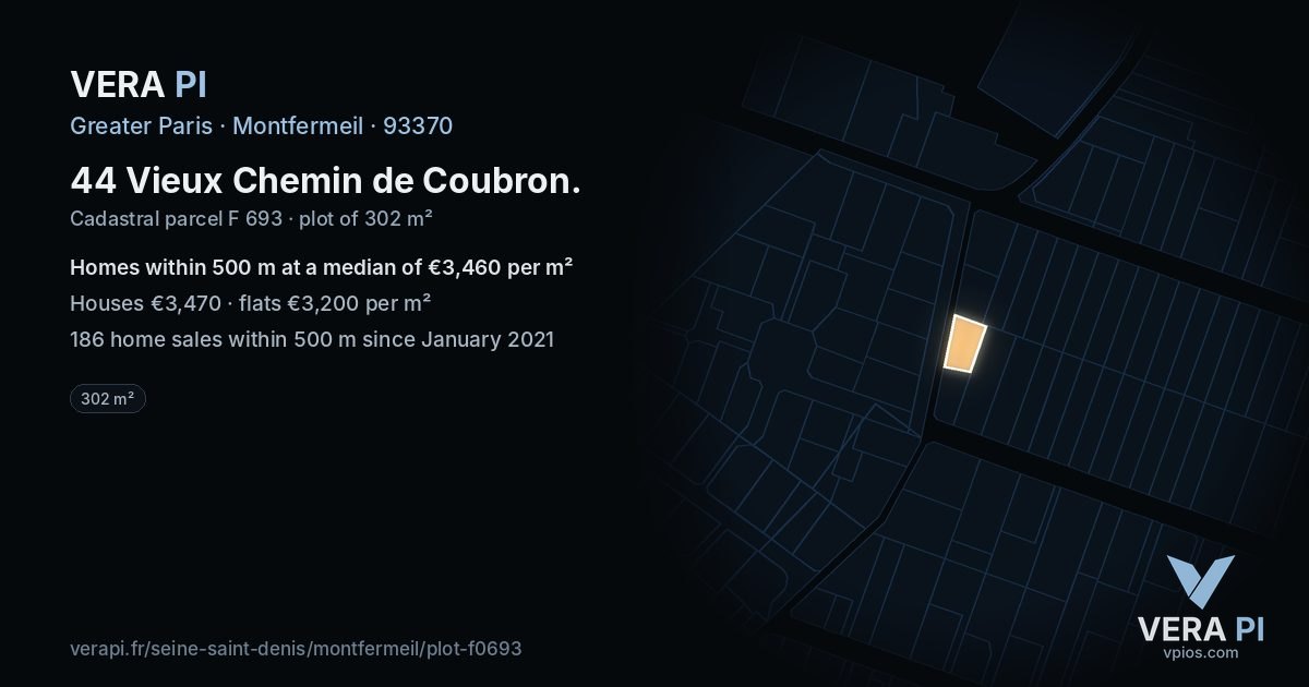 44 Vieux Chemin de Coubron, Montfermeil at night – the plot lit, the parcels around coloured by the prices near them