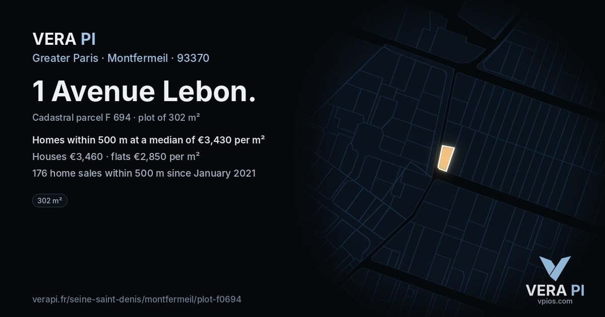 1 Avenue Lebon, Montfermeil at night – the plot lit, the parcels around coloured by the prices near them