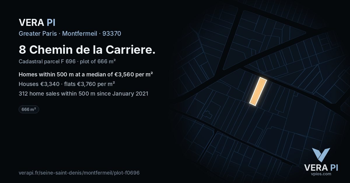 8 Chemin de la Carriere, Montfermeil at night – the plot lit, the parcels around coloured by the prices near them