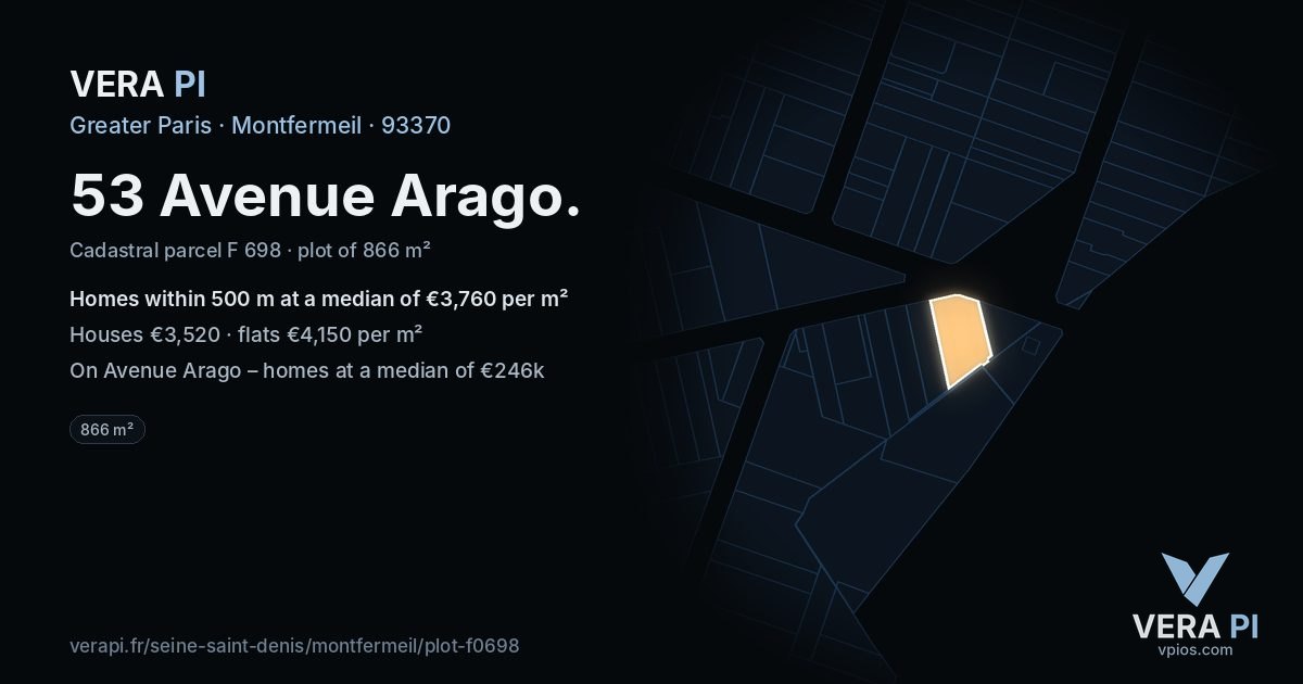 53 Avenue Arago, Montfermeil at night – the plot lit, the parcels around coloured by the prices near them