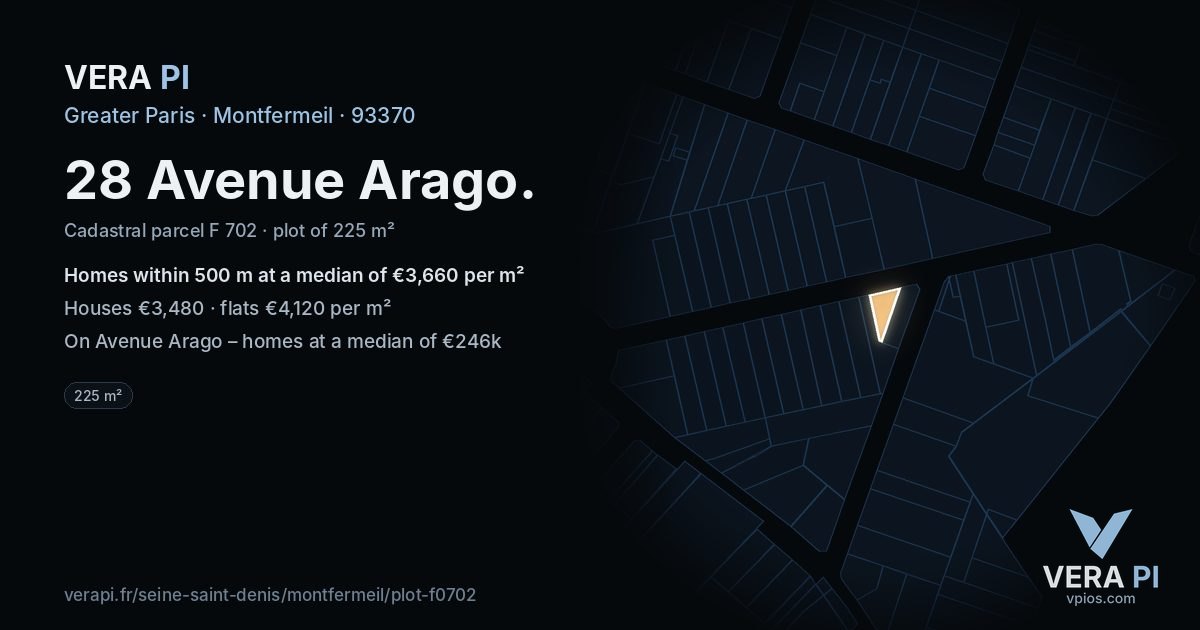 28 Avenue Arago, Montfermeil at night – the plot lit, the parcels around coloured by the prices near them