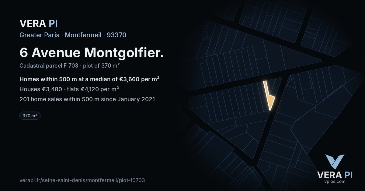 6 Avenue Montgolfier, Montfermeil at night – the plot lit, the parcels around coloured by the prices near them