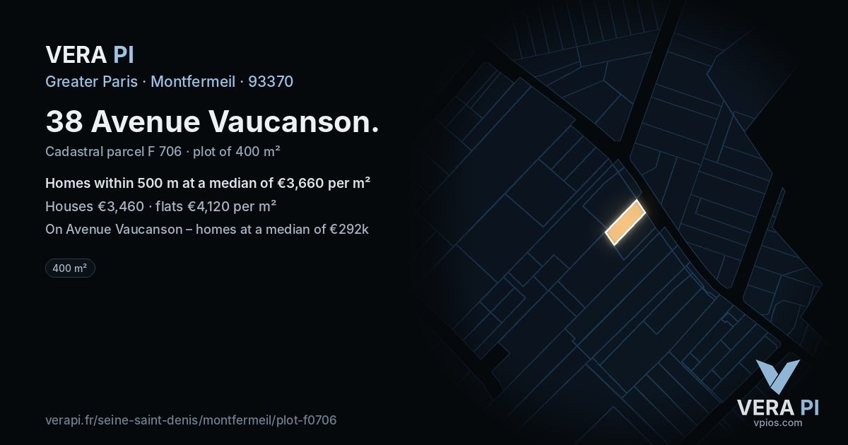 38 Avenue Vaucanson, Montfermeil at night – the plot lit, the parcels around coloured by the prices near them