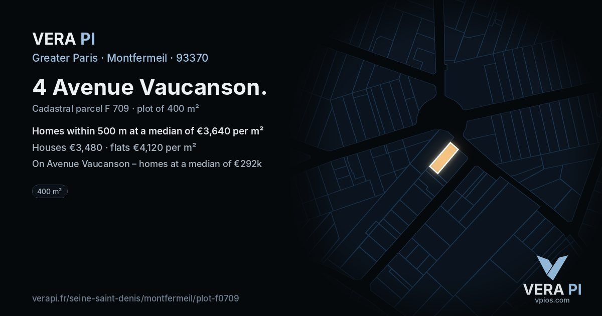 4 Avenue Vaucanson, Montfermeil at night – the plot lit, the parcels around coloured by the prices near them