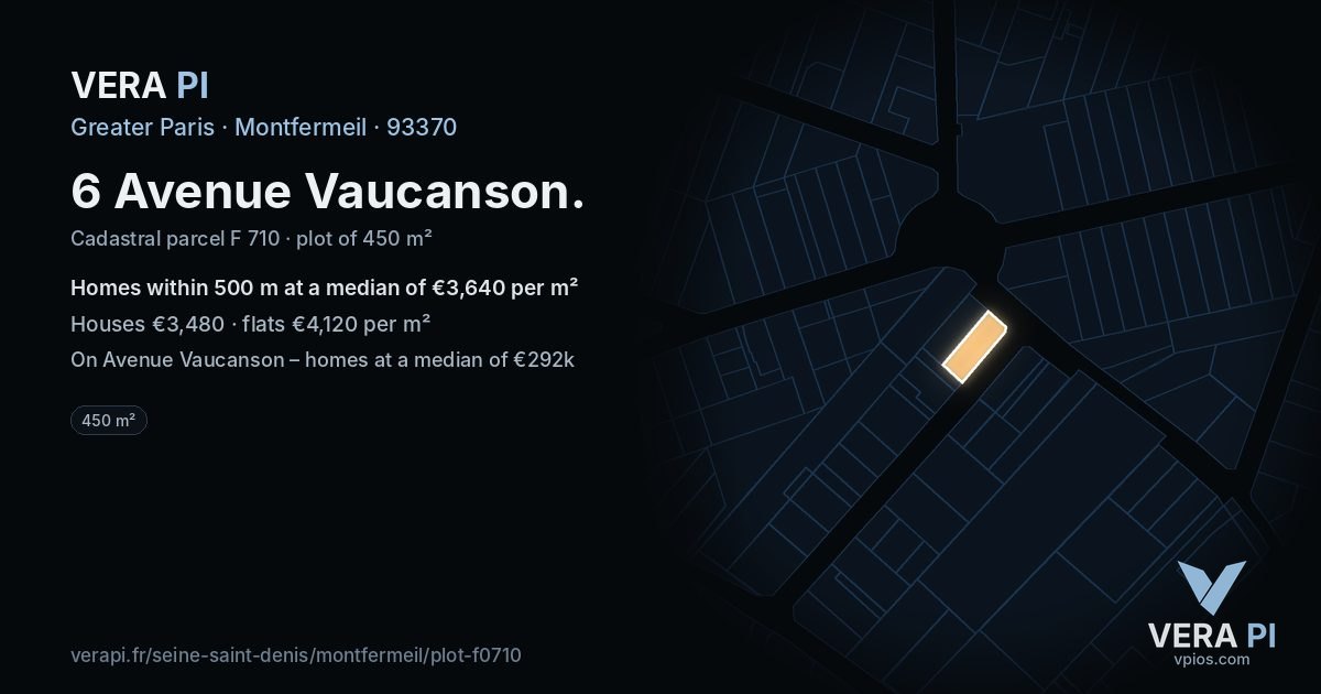6 Avenue Vaucanson, Montfermeil at night – the plot lit, the parcels around coloured by the prices near them