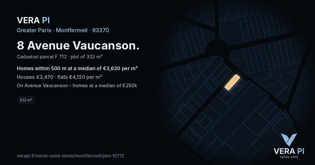 8 Avenue Vaucanson, Montfermeil at night – the plot lit, the parcels around coloured by the prices near them