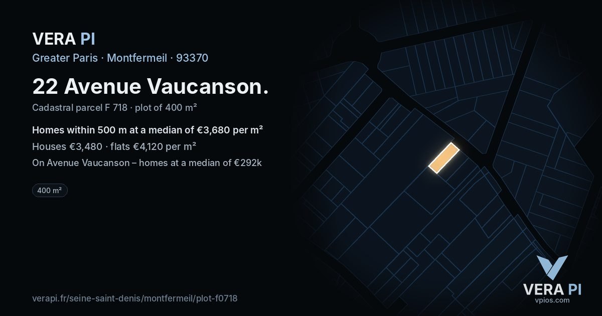 22 Avenue Vaucanson, Montfermeil at night – the plot lit, the parcels around coloured by the prices near them
