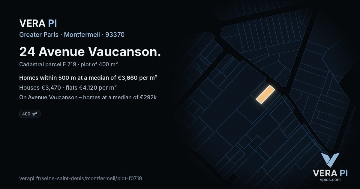 24 Avenue Vaucanson, Montfermeil at night – the plot lit, the parcels around coloured by the prices near them