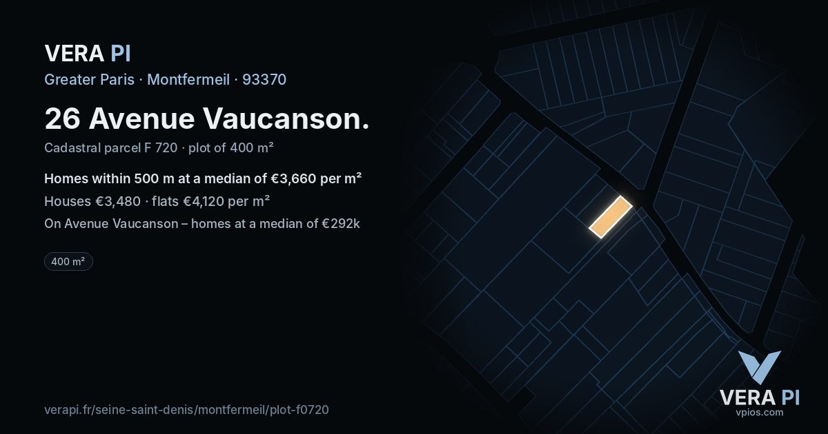 26 Avenue Vaucanson, Montfermeil at night – the plot lit, the parcels around coloured by the prices near them