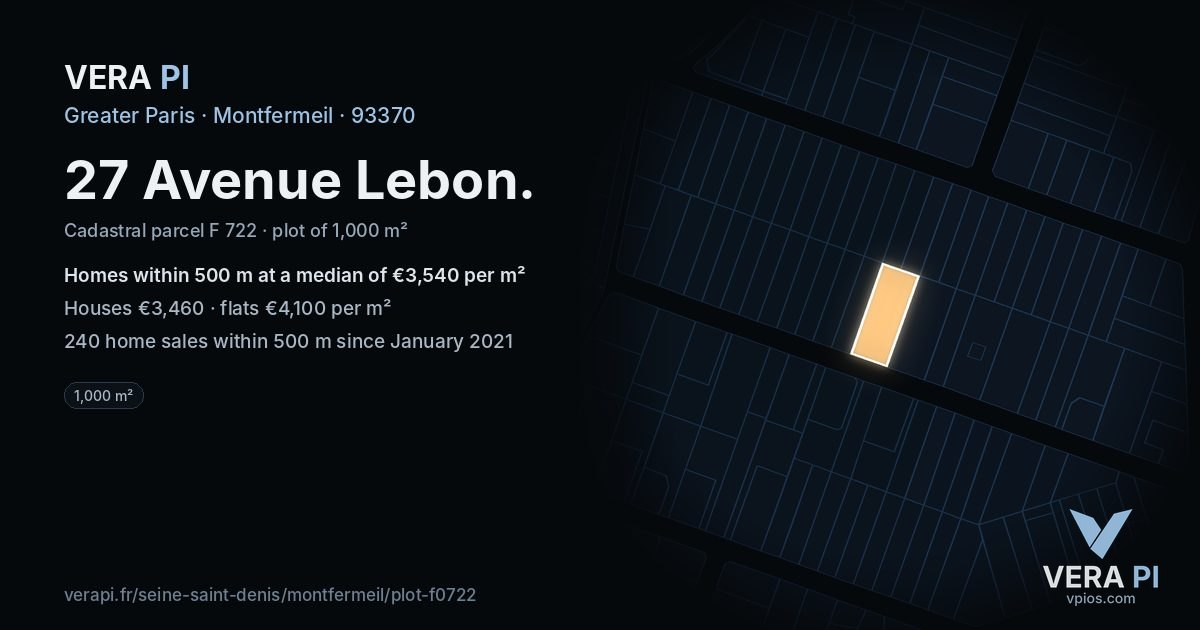 27 Avenue Lebon, Montfermeil at night – the plot lit, the parcels around coloured by the prices near them