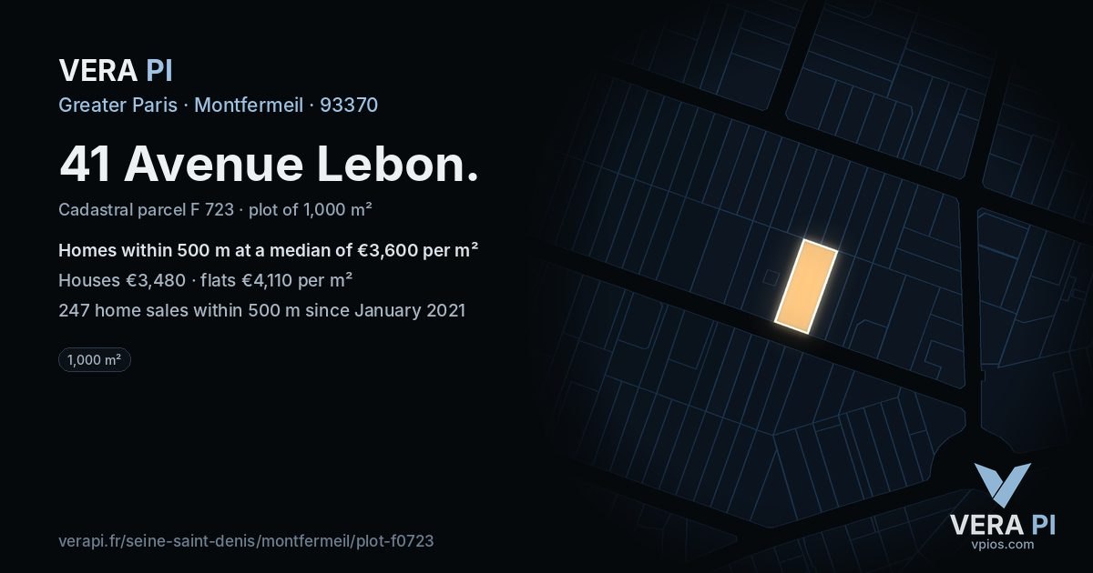 41 Avenue Lebon, Montfermeil at night – the plot lit, the parcels around coloured by the prices near them