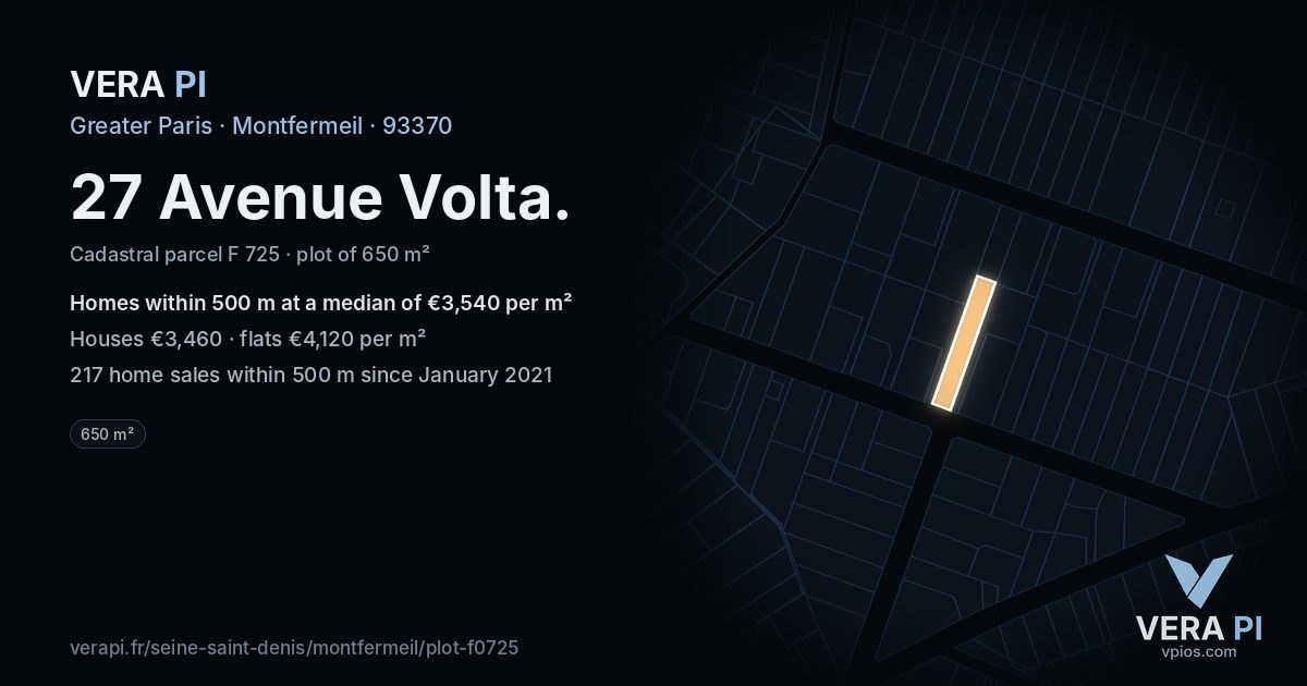 27 Avenue Volta, Montfermeil at night – the plot lit, the parcels around coloured by the prices near them