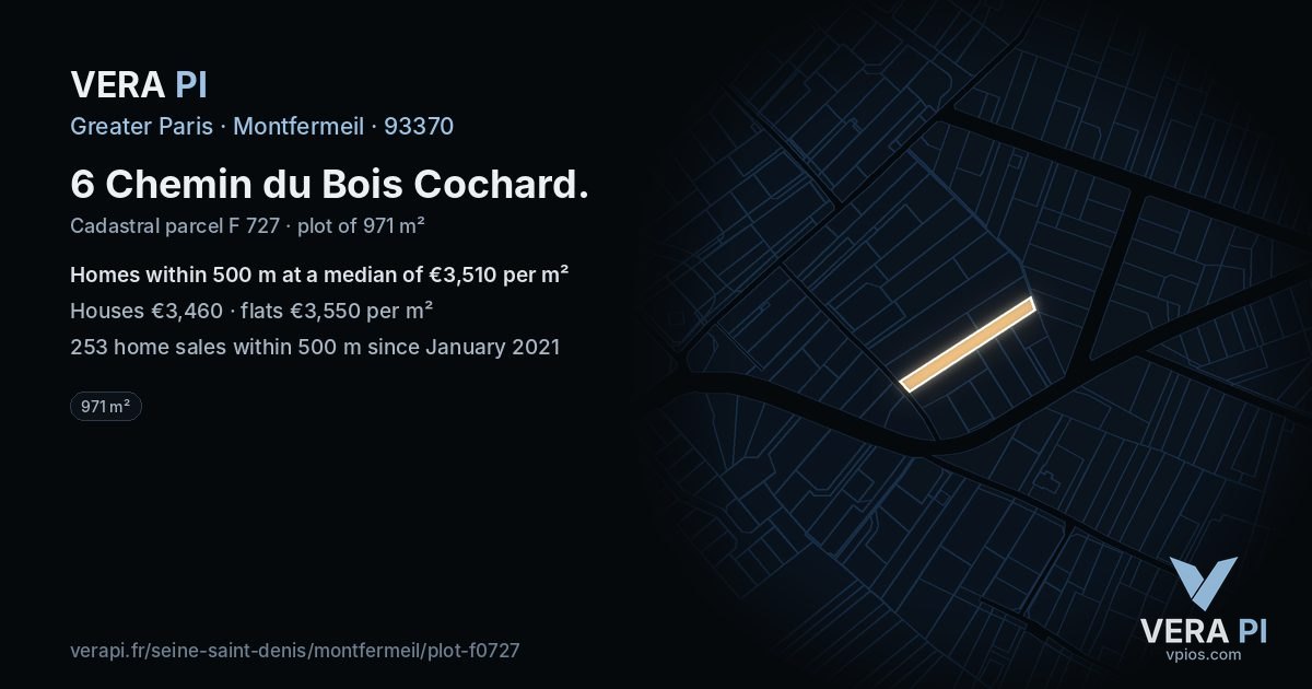 6 Chemin du Bois Cochard, Montfermeil at night – the plot lit, the parcels around coloured by the prices near them