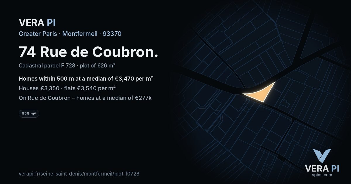 74 Rue de Coubron, Montfermeil at night – the plot lit, the parcels around coloured by the prices near them