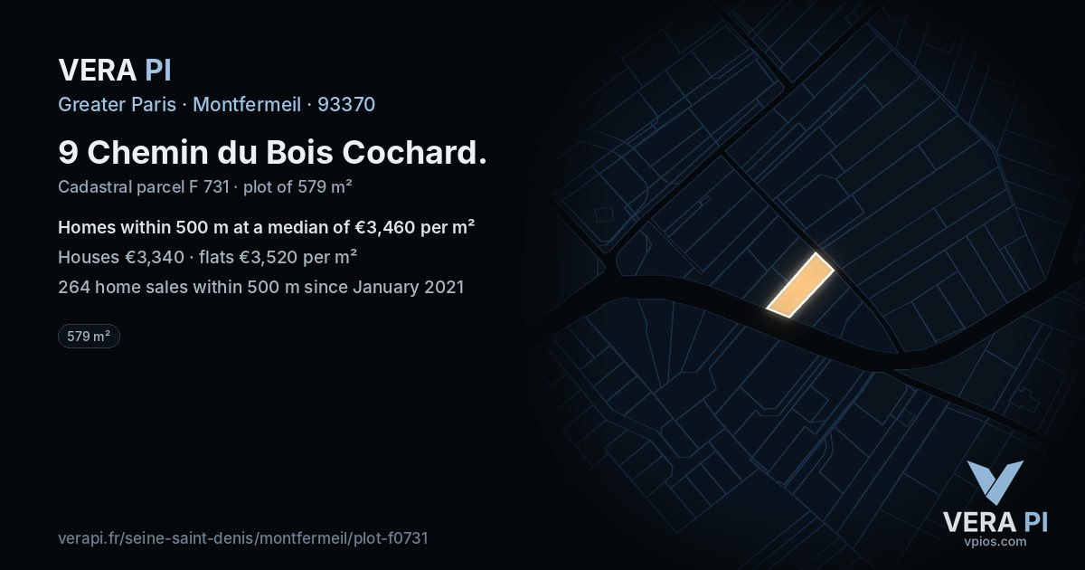 9 Chemin du Bois Cochard, Montfermeil at night – the plot lit, the parcels around coloured by the prices near them