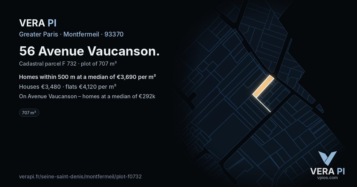 56 Avenue Vaucanson, Montfermeil at night – the plot lit, the parcels around coloured by the prices near them
