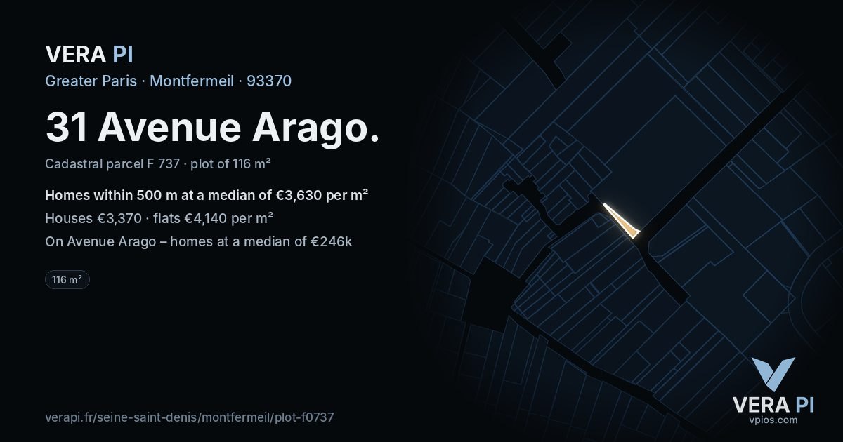 31 Avenue Arago, Montfermeil at night – the plot lit, the parcels around coloured by the prices near them