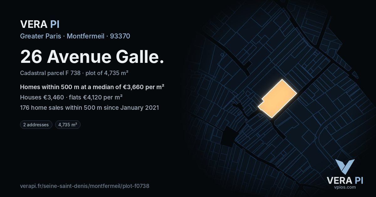 26 Avenue Galle, Montfermeil at night – the plot lit, the parcels around coloured by the prices near them