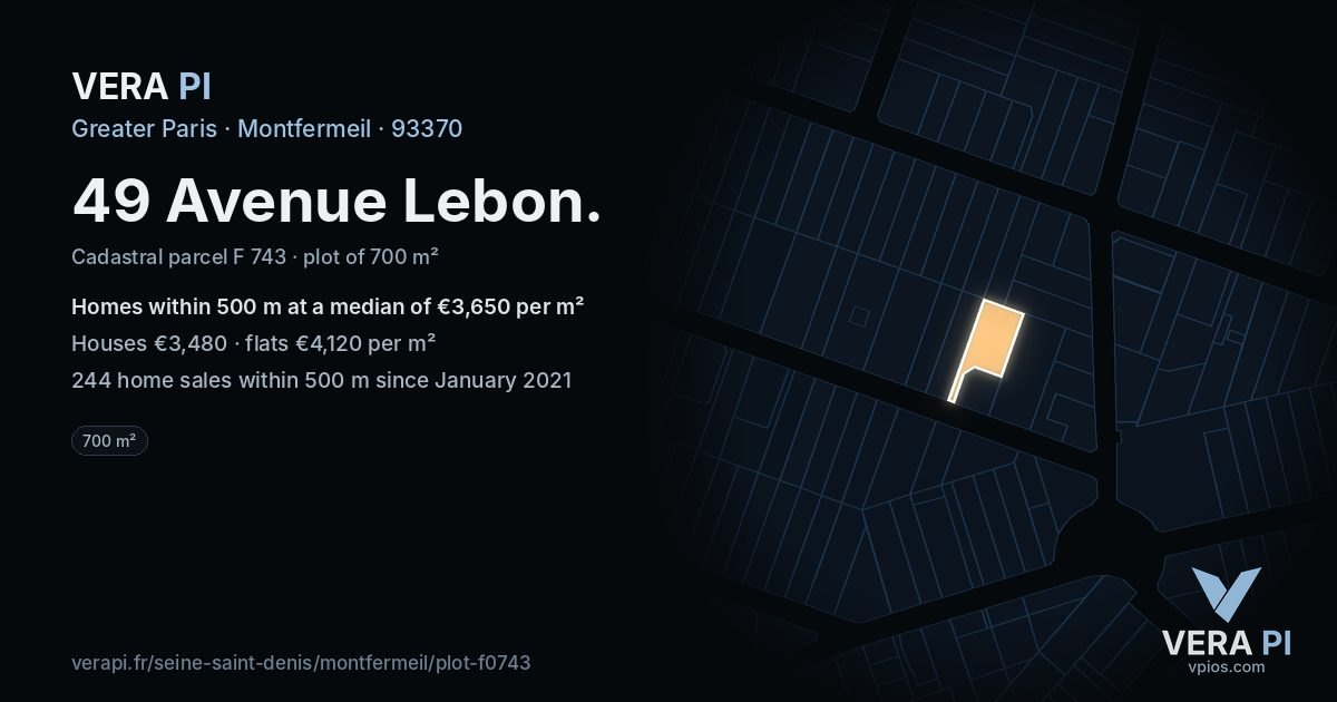 49 Avenue Lebon, Montfermeil at night – the plot lit, the parcels around coloured by the prices near them