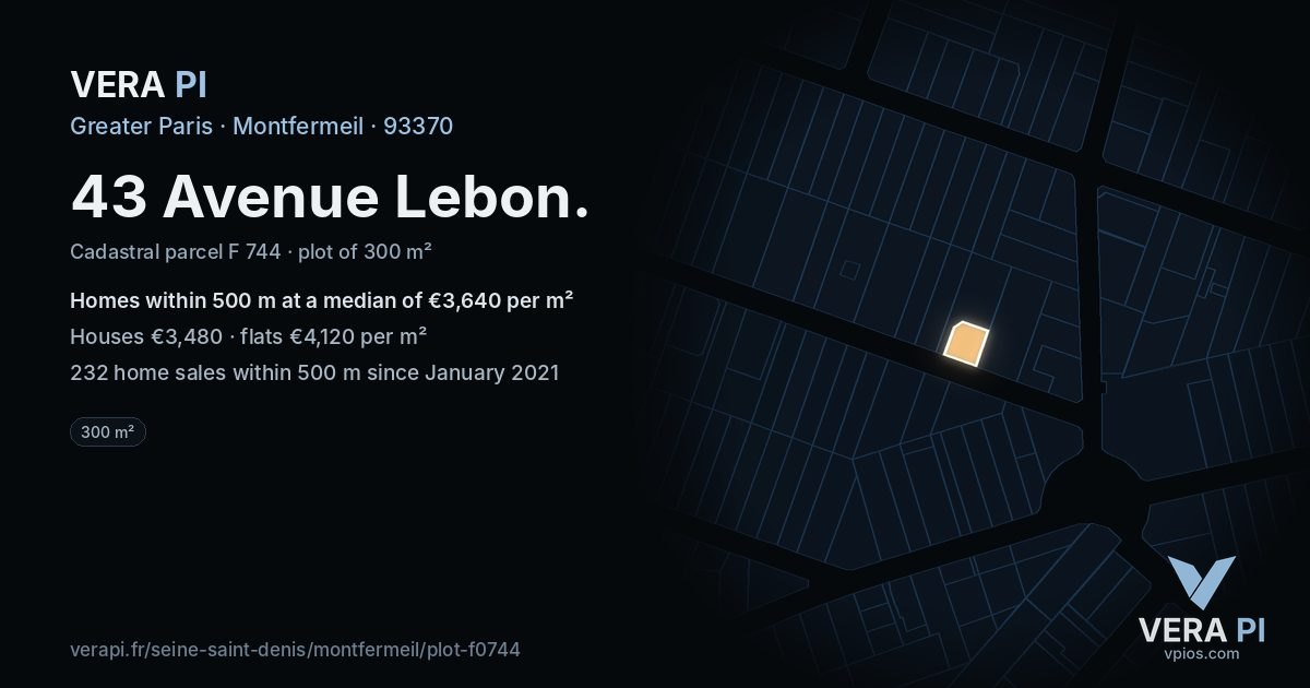 43 Avenue Lebon, Montfermeil at night – the plot lit, the parcels around coloured by the prices near them