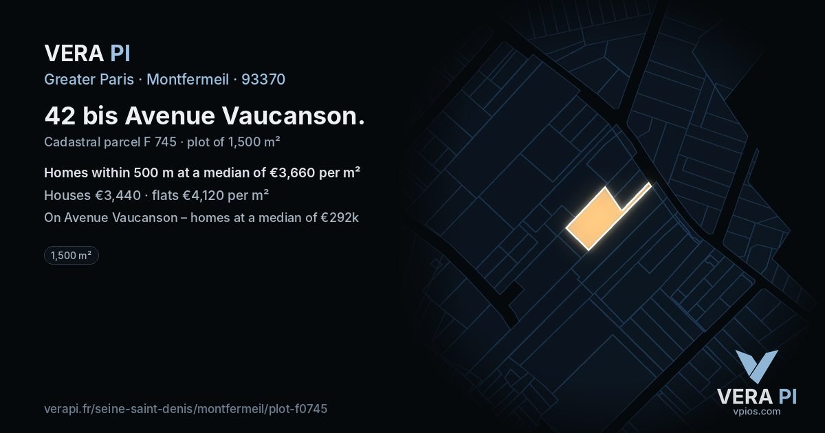 42 bis Avenue Vaucanson, Montfermeil at night – the plot lit, the parcels around coloured by the prices near them