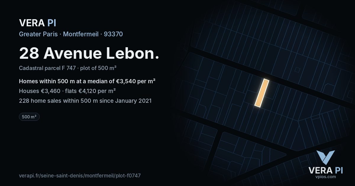 28 Avenue Lebon, Montfermeil at night – the plot lit, the parcels around coloured by the prices near them