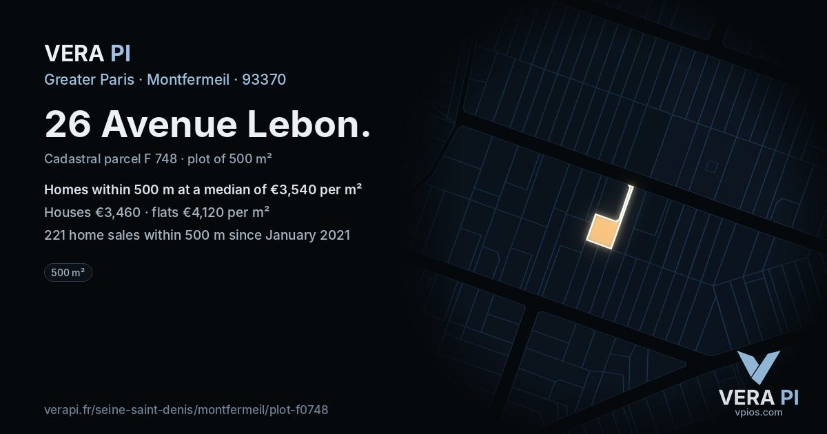 26 Avenue Lebon, Montfermeil at night – the plot lit, the parcels around coloured by the prices near them