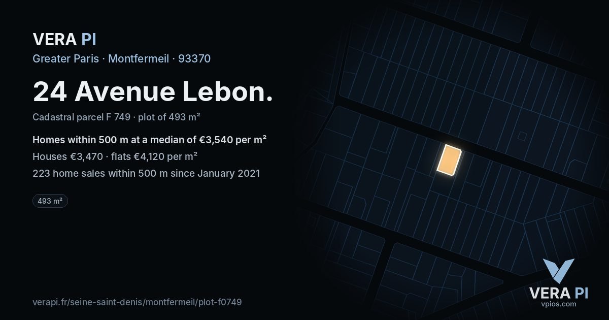 24 Avenue Lebon, Montfermeil at night – the plot lit, the parcels around coloured by the prices near them
