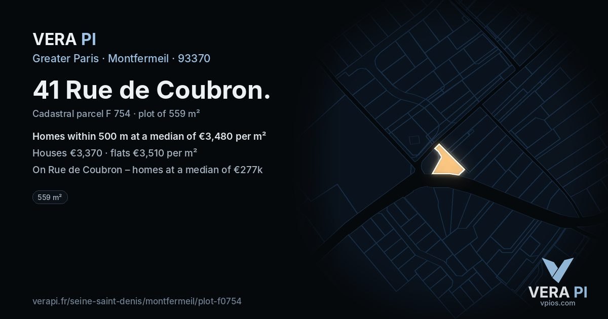 41 Rue de Coubron, Montfermeil at night – the plot lit, the parcels around coloured by the prices near them
