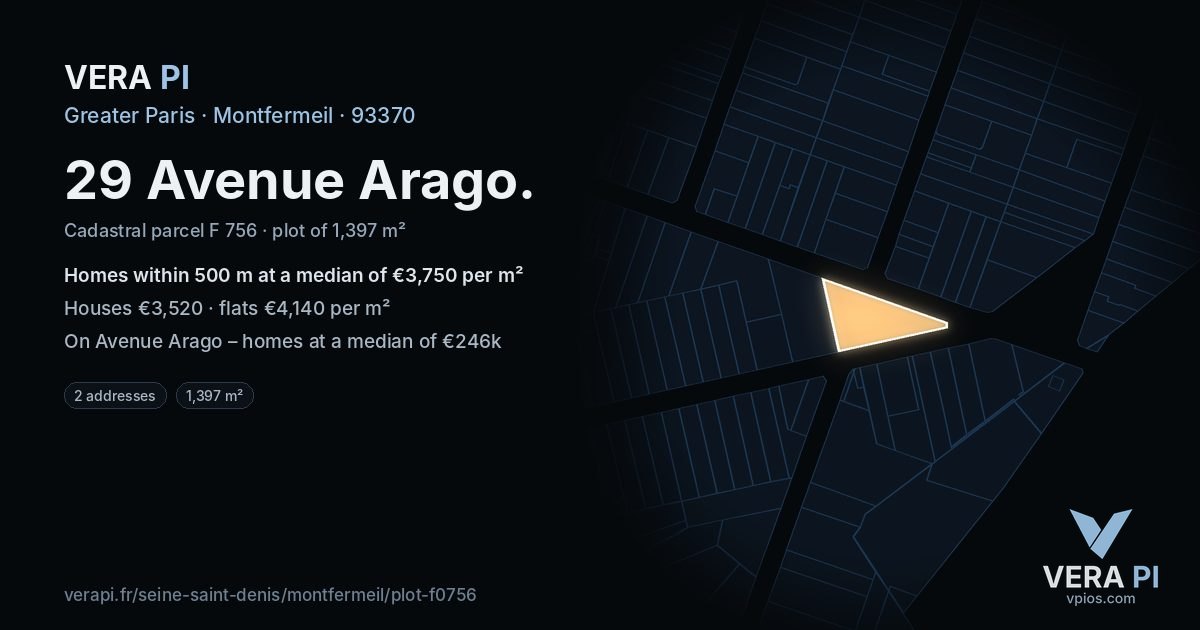 29 Avenue Arago, Montfermeil at night – the plot lit, the parcels around coloured by the prices near them