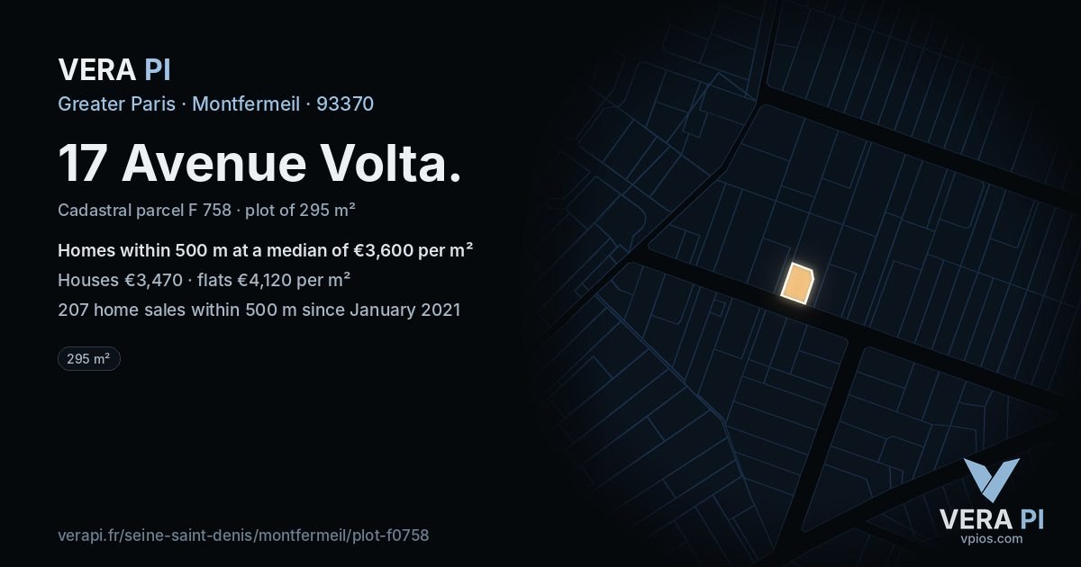 17 Avenue Volta, Montfermeil at night – the plot lit, the parcels around coloured by the prices near them