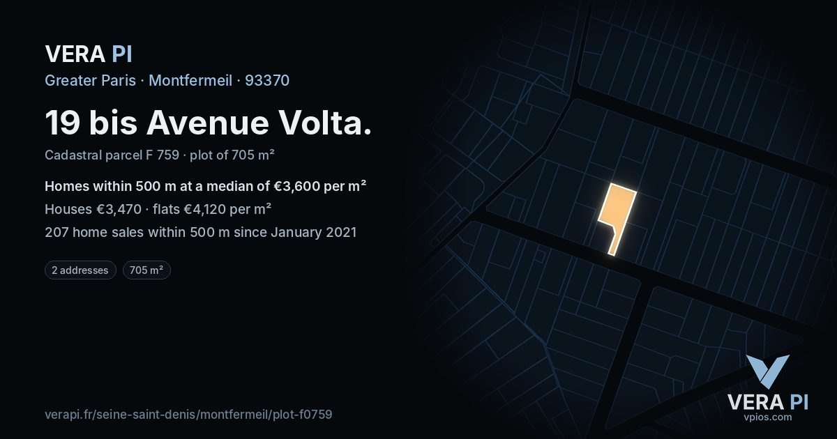 19 bis Avenue Volta, Montfermeil at night – the plot lit, the parcels around coloured by the prices near them