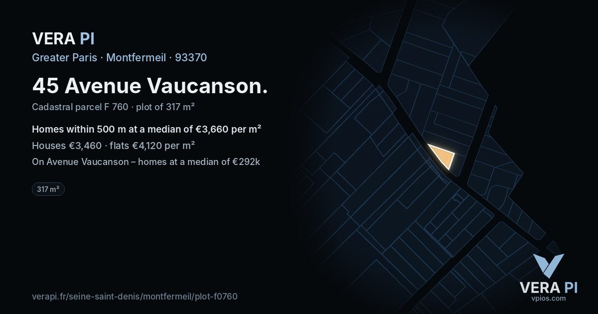 45 Avenue Vaucanson, Montfermeil at night – the plot lit, the parcels around coloured by the prices near them