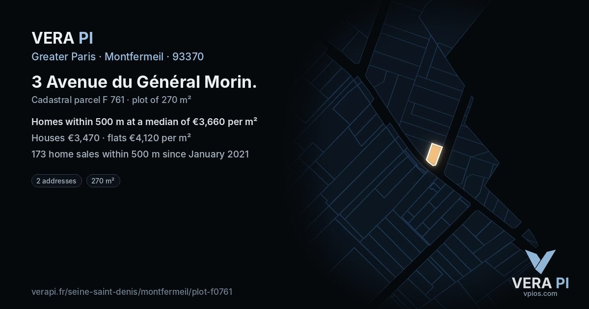 3 Avenue du Général Morin, Montfermeil at night – the plot lit, the parcels around coloured by the prices near them