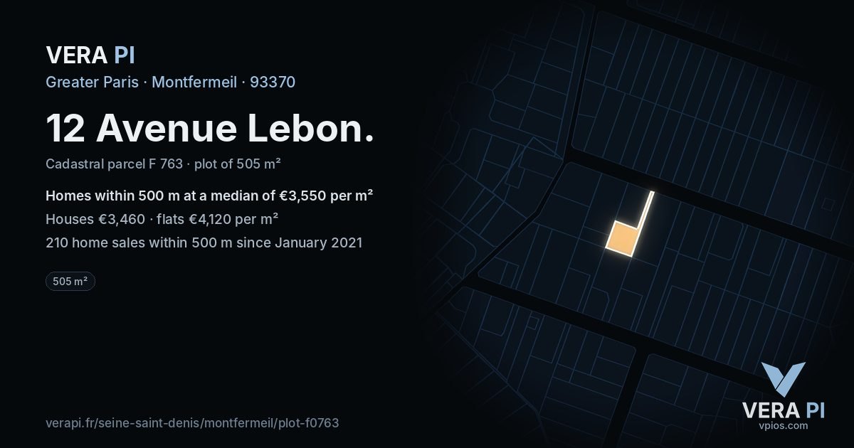 12 Avenue Lebon, Montfermeil at night – the plot lit, the parcels around coloured by the prices near them