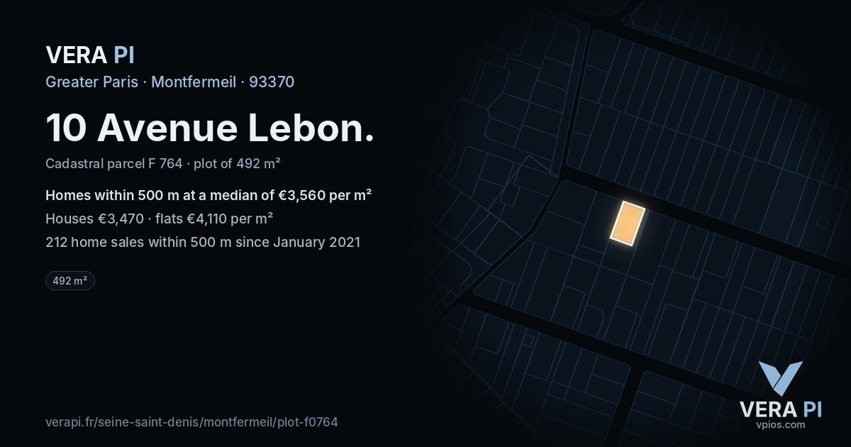10 Avenue Lebon, Montfermeil at night – the plot lit, the parcels around coloured by the prices near them