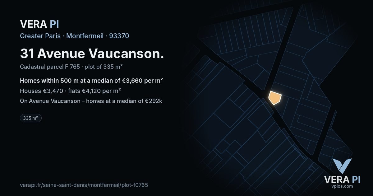 31 Avenue Vaucanson, Montfermeil at night – the plot lit, the parcels around coloured by the prices near them