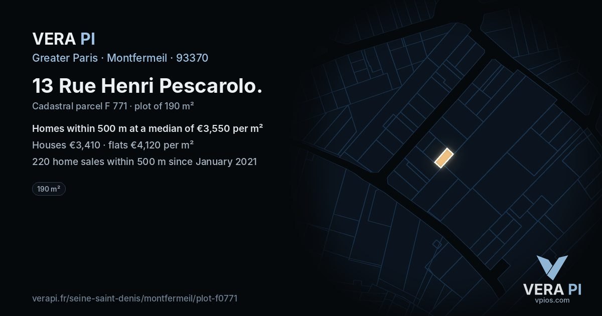 13 Rue Henri Pescarolo, Montfermeil at night – the plot lit, the parcels around coloured by the prices near them