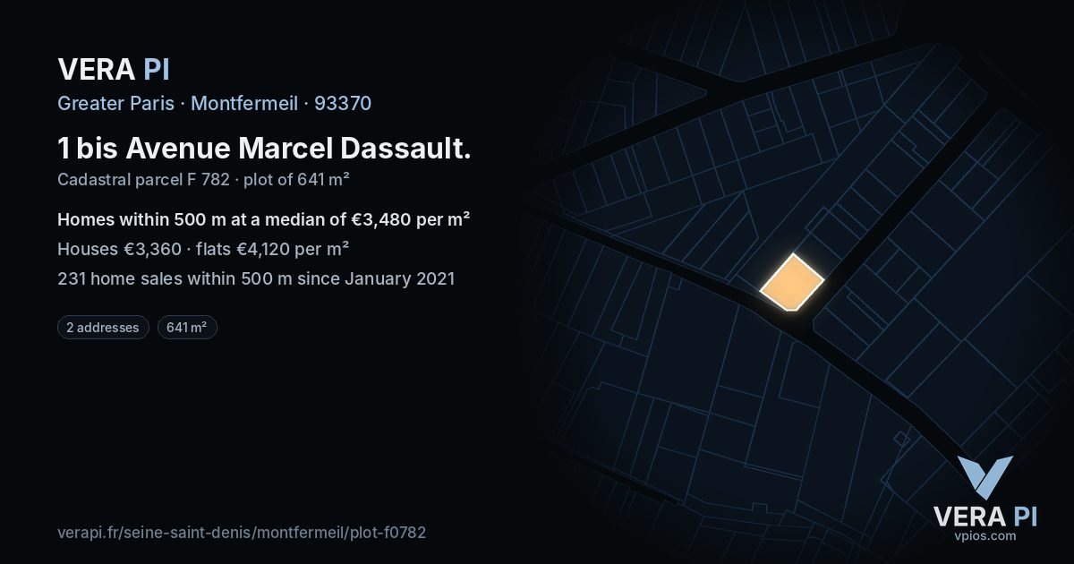 1 bis Avenue Marcel Dassault, Montfermeil at night – the plot lit, the parcels around coloured by the prices near them