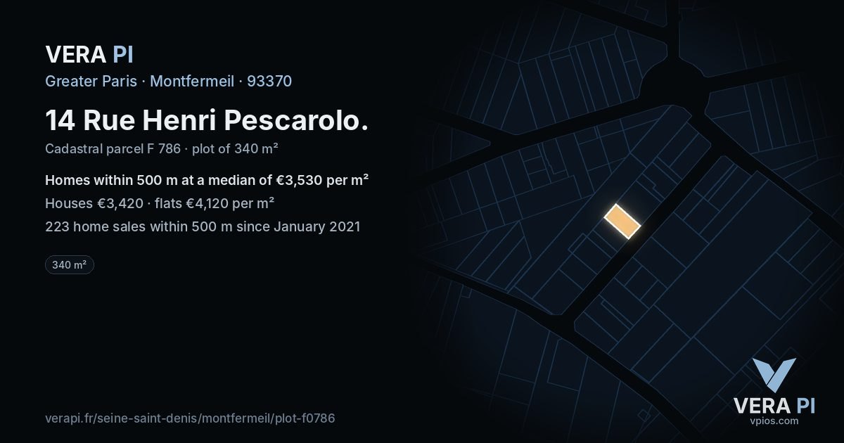 14 Rue Henri Pescarolo, Montfermeil at night – the plot lit, the parcels around coloured by the prices near them