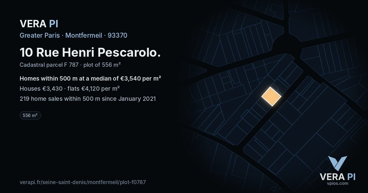 10 Rue Henri Pescarolo, Montfermeil at night – the plot lit, the parcels around coloured by the prices near them