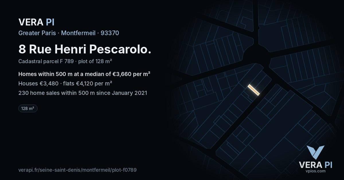 8 Rue Henri Pescarolo, Montfermeil at night – the plot lit, the parcels around coloured by the prices near them