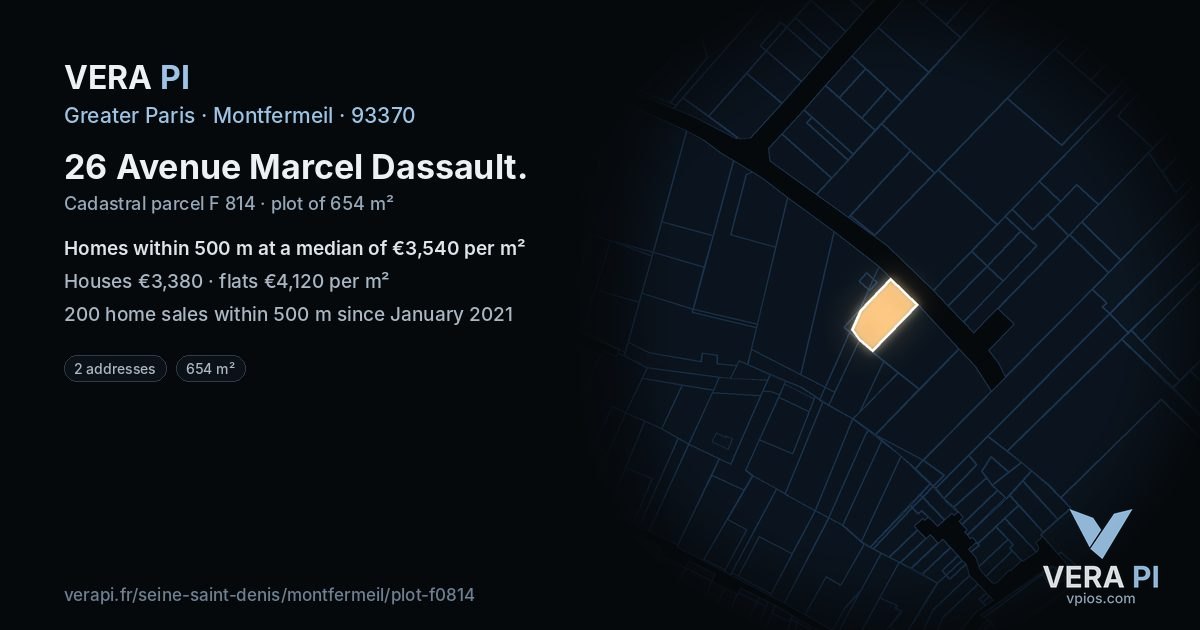 26 Avenue Marcel Dassault, Montfermeil at night – the plot lit, the parcels around coloured by the prices near them