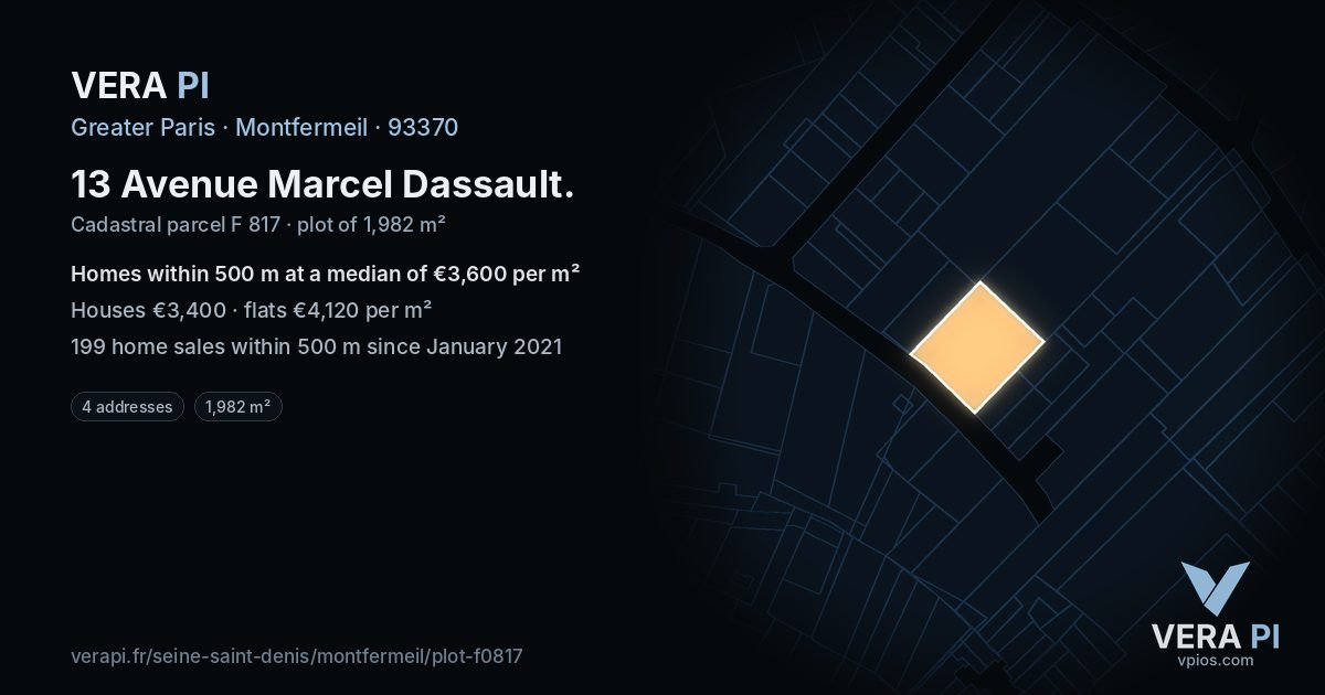 13 Avenue Marcel Dassault, Montfermeil at night – the plot lit, the parcels around coloured by the prices near them