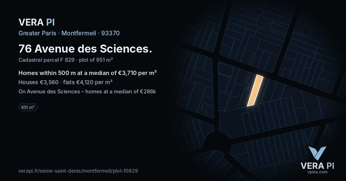 76 Avenue des Sciences, Montfermeil at night – the plot lit, the parcels around coloured by the prices near them