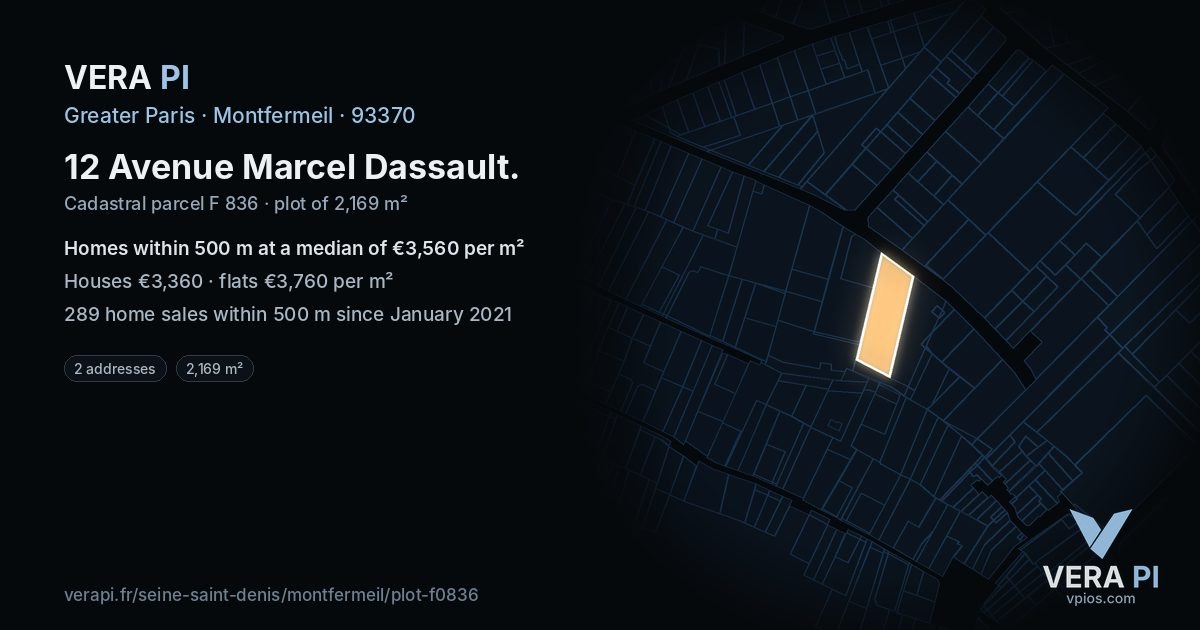 12 Avenue Marcel Dassault, Montfermeil at night – the plot lit, the parcels around coloured by the prices near them