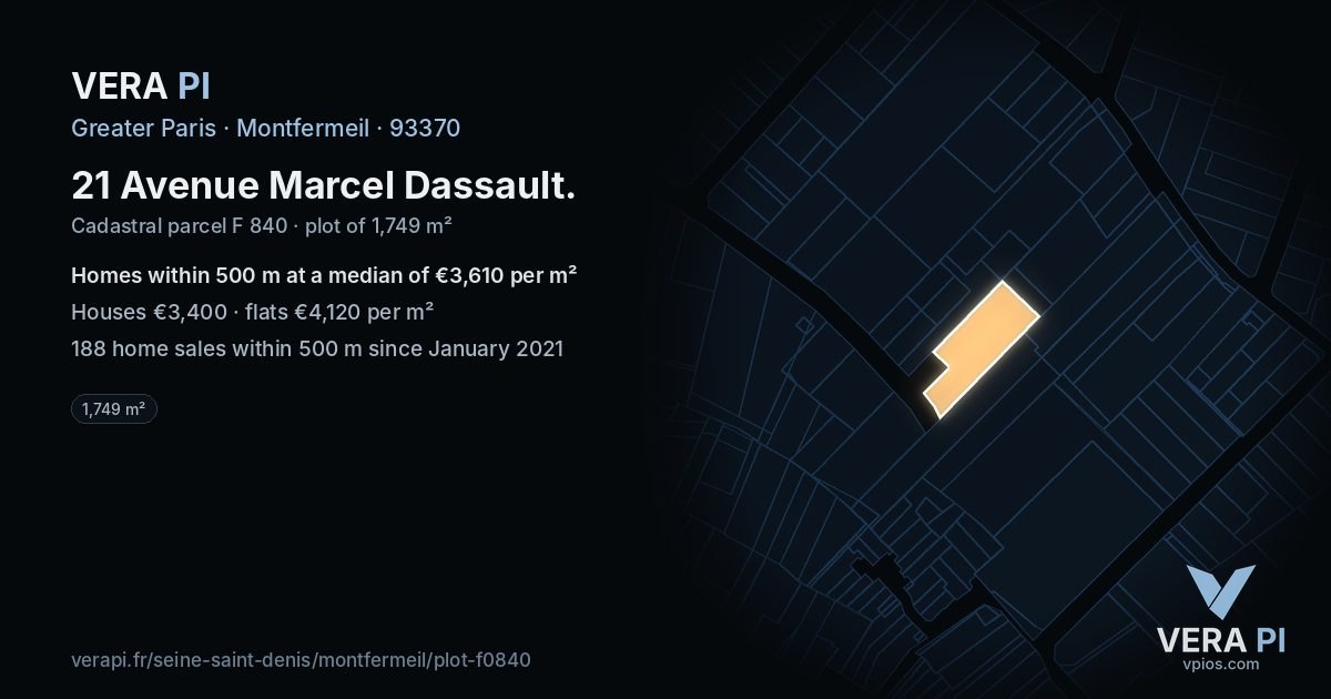 21 Avenue Marcel Dassault, Montfermeil at night – the plot lit, the parcels around coloured by the prices near them