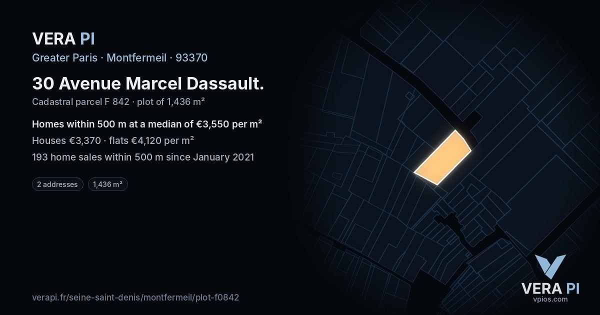 30 Avenue Marcel Dassault, Montfermeil at night – the plot lit, the parcels around coloured by the prices near them